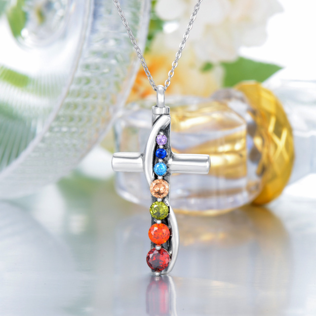 Sterling zilveren cubic zirconia chakra's & kruis urnenketting voor as-3