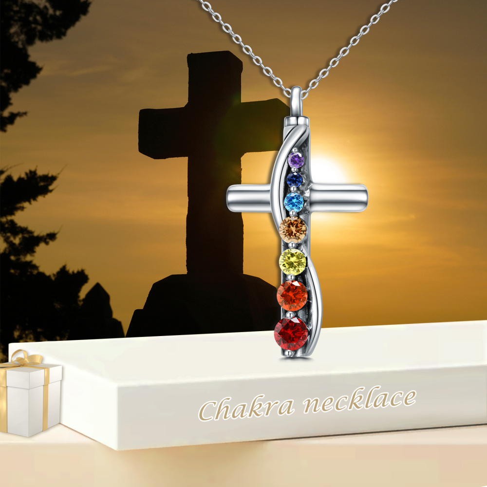 Sterling Silver Cubic Zirconia Chakras & Cross Urn Necklace for Ashes-6