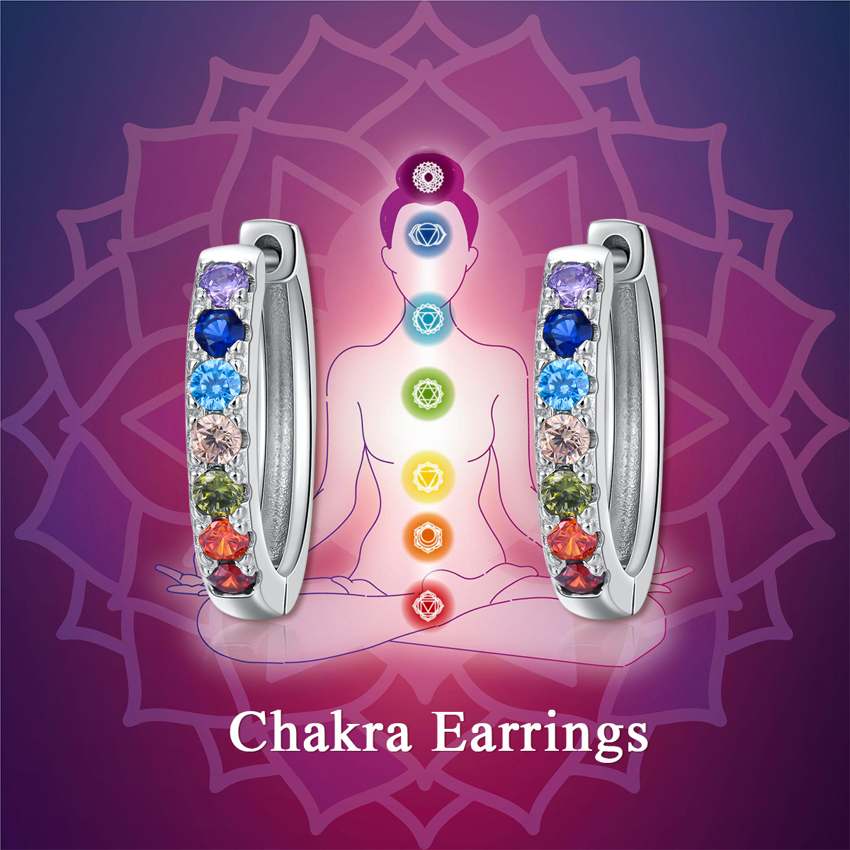 Pendientes de aro de plata de ley con chakras de circonita cúbica-5