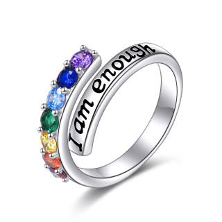 Sterling Silver Cubic Zirconia Chakras Open Ring with Engraved Word-19