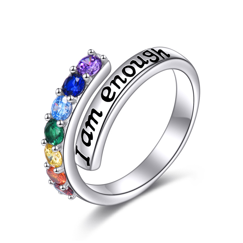 Sterling Silver Cubic Zirconia Chakras Open Ring with Engraved Word-15