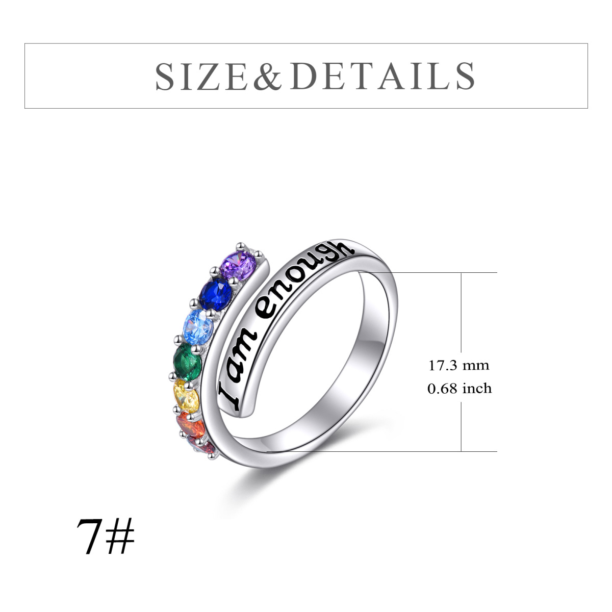 Bague ouverte en argent sterling avec chakras en zircon cubique et mot gravé-6