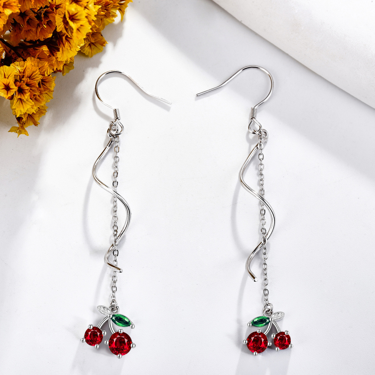 Boucles d'oreilles pendantes en argent sterling avec zircon cubique et fleurs de cerisier-3