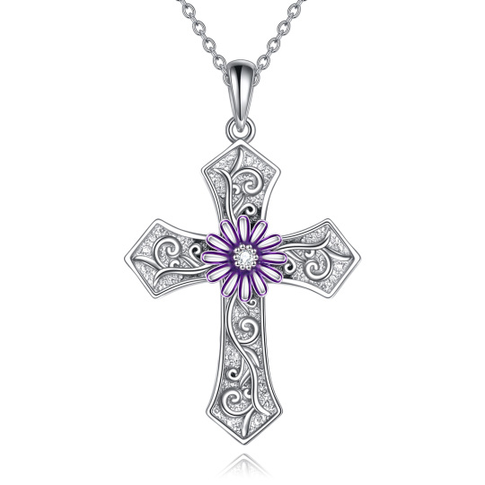 Sterling Silver Chrysanthemum & Cross Pendant Necklace