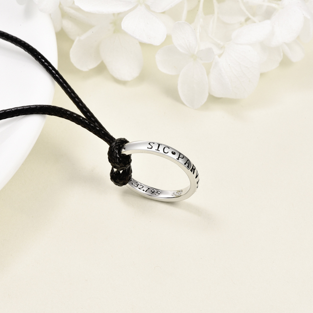 Sterling Silver Circle Pendant Necklace with Leather Rope Chain for Men-4