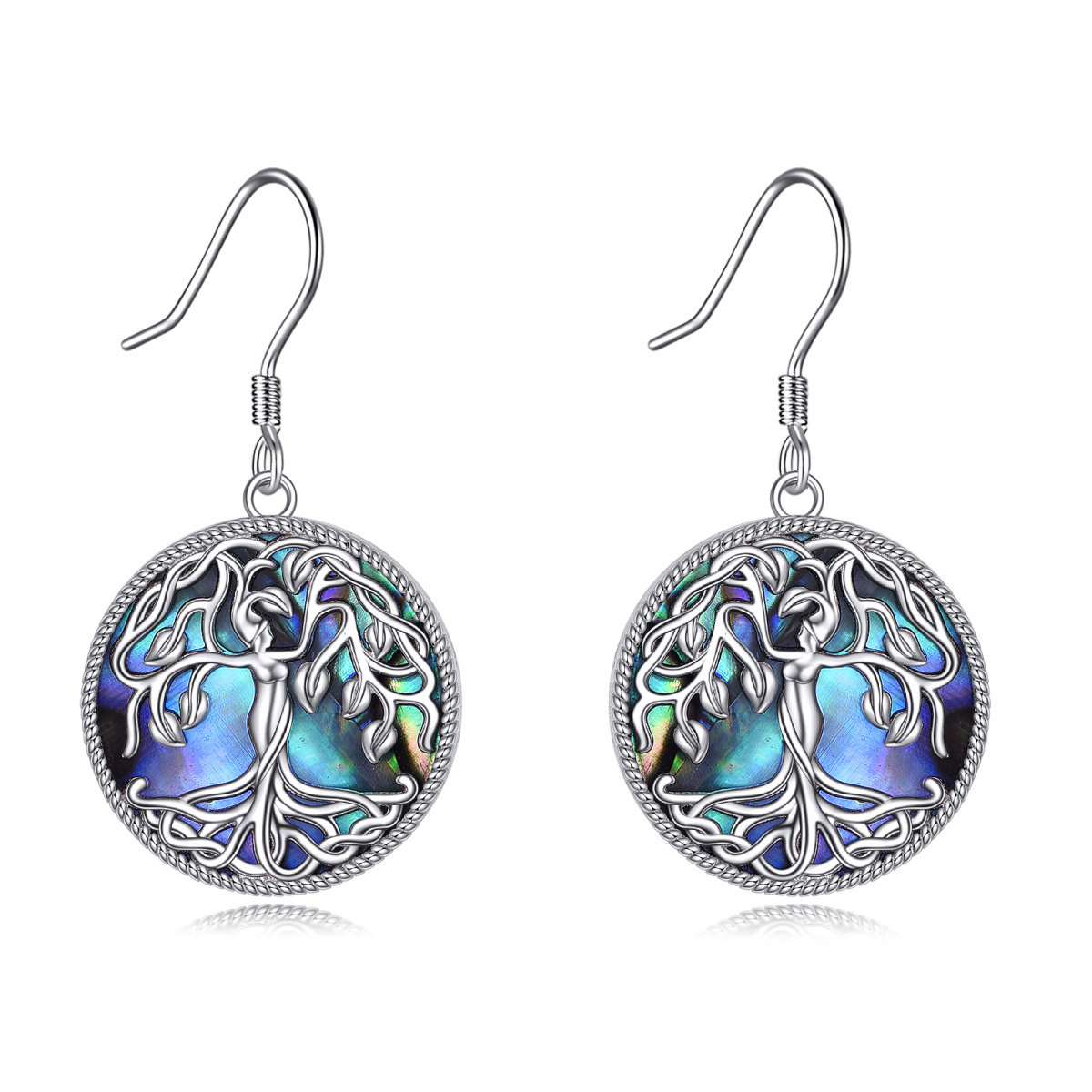 Sterling Silver Circular Abalone Shellfish Tree Of Life Drop Earrings-1