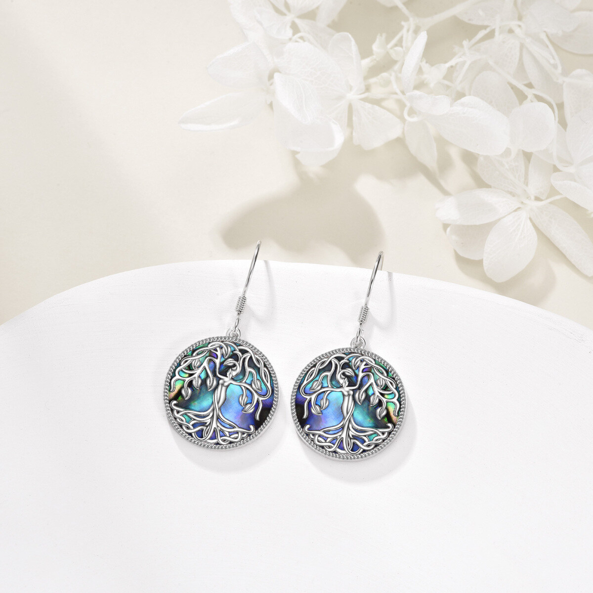 Sterling Silver Circular Abalone Shellfish Tree Of Life Drop Earrings-3