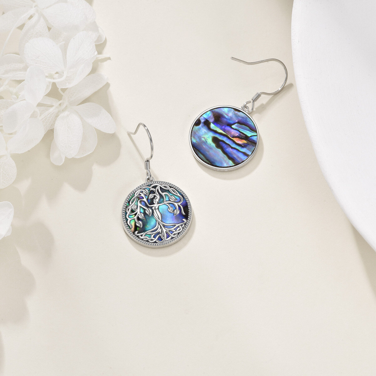 Sterling Silver Circular Abalone Shellfish Tree Of Life Drop Earrings-4