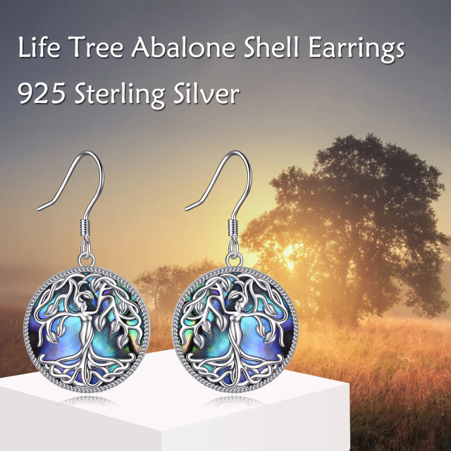 Sterling Silver Circular Abalone Shellfish Tree Of Life Drop Earrings-6