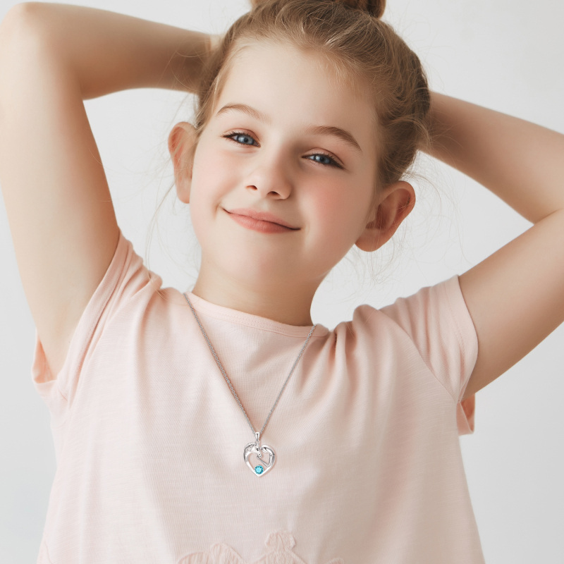 Collana con cuore di cavallo in cristallo blu circolare in argento sterling per donne e bambini-3