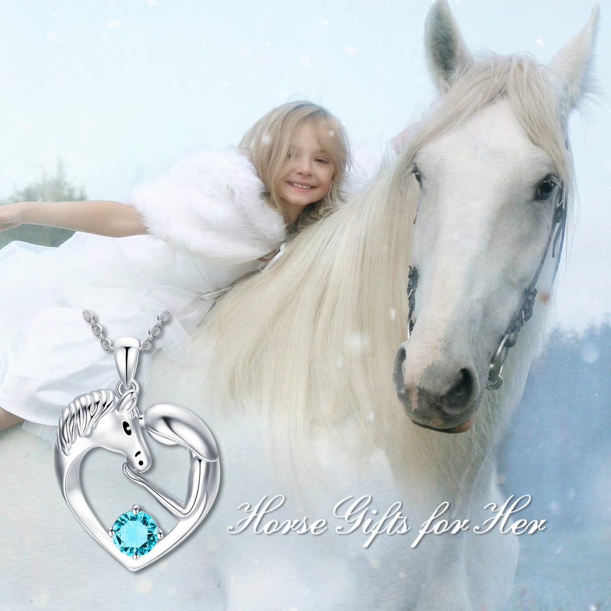 Sterling Silver Circular Blue Crystal Horse Heart Necklace for Women Kids-7