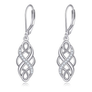 Sterling Silver Circular Cubic Zirconia Celtic Knot Lever-back Earrings-3