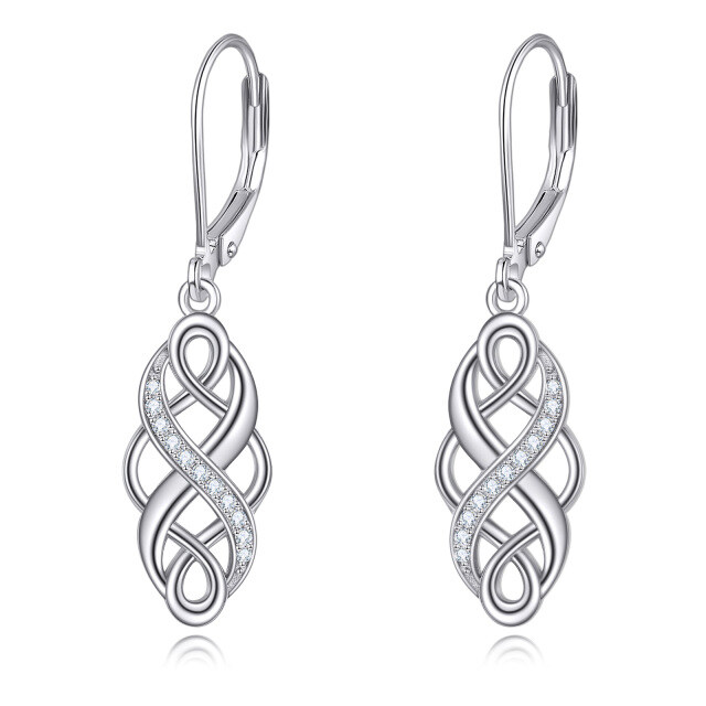 Sterling Silver Circular Cubic Zirconia Celtic Knot Lever-back Earrings-1