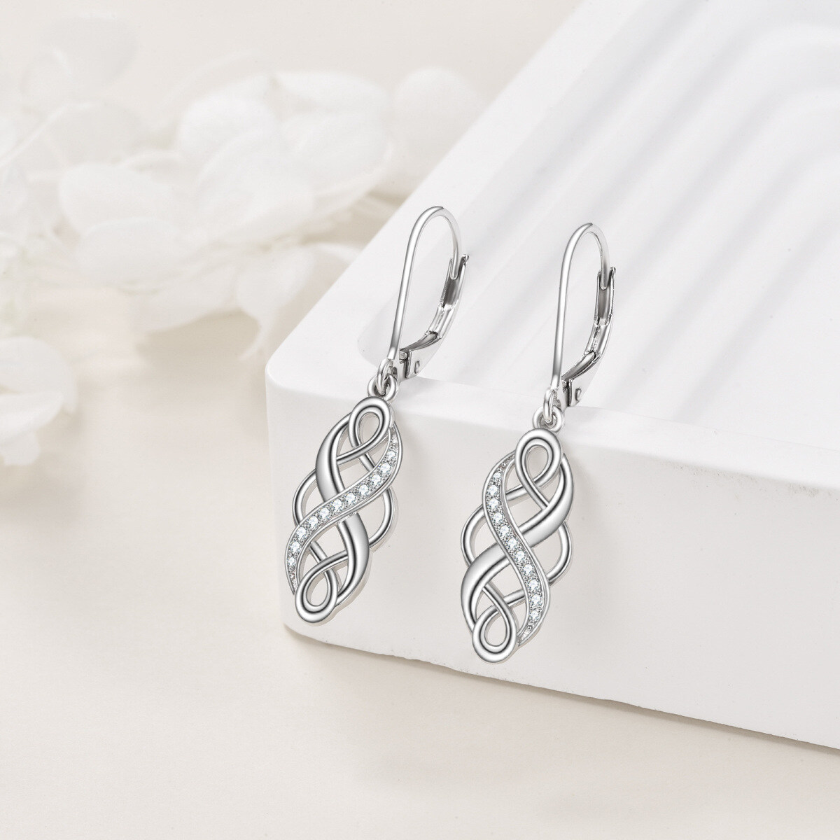 Sterling Silver Circular Cubic Zirconia Celtic Knot Lever-back Earrings-3