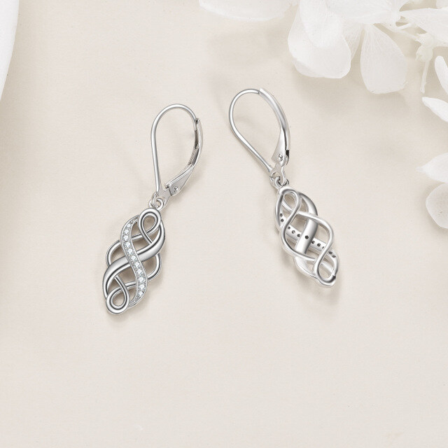 Sterling Silver Circular Cubic Zirconia Celtic Knot Lever-back Earrings-4