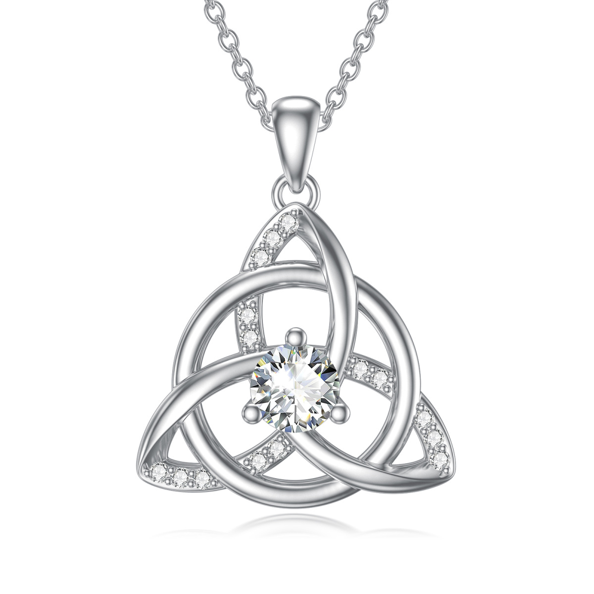 Sterling Silver Circular Cubic Zirconia Celtic Knot & Triangle Pendant Necklace-1