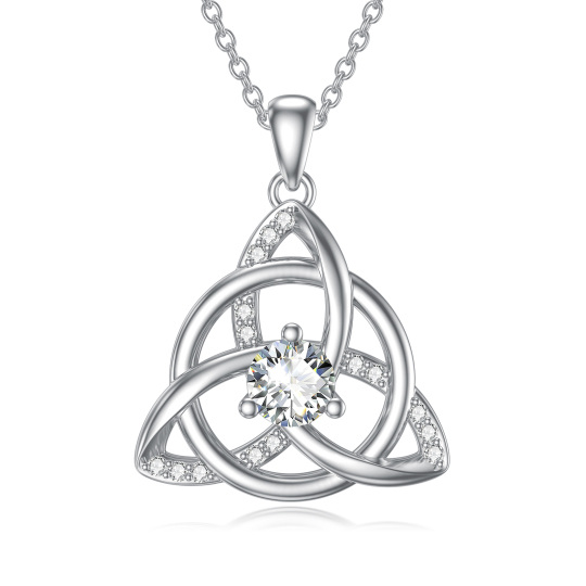 Sterling Silver Circular Cubic Zirconia Celtic Knot & Triangle Pendant Necklace