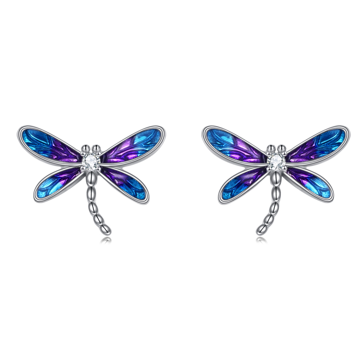 Sterling Silver Circular Cubic Zirconia Dragonfly Stud Earrings-1