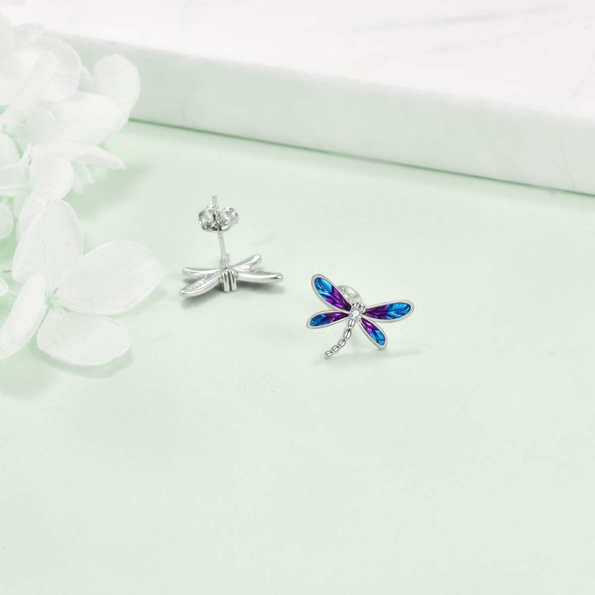 Sterling Silver Circular Cubic Zirconia Dragonfly Stud Earrings-3