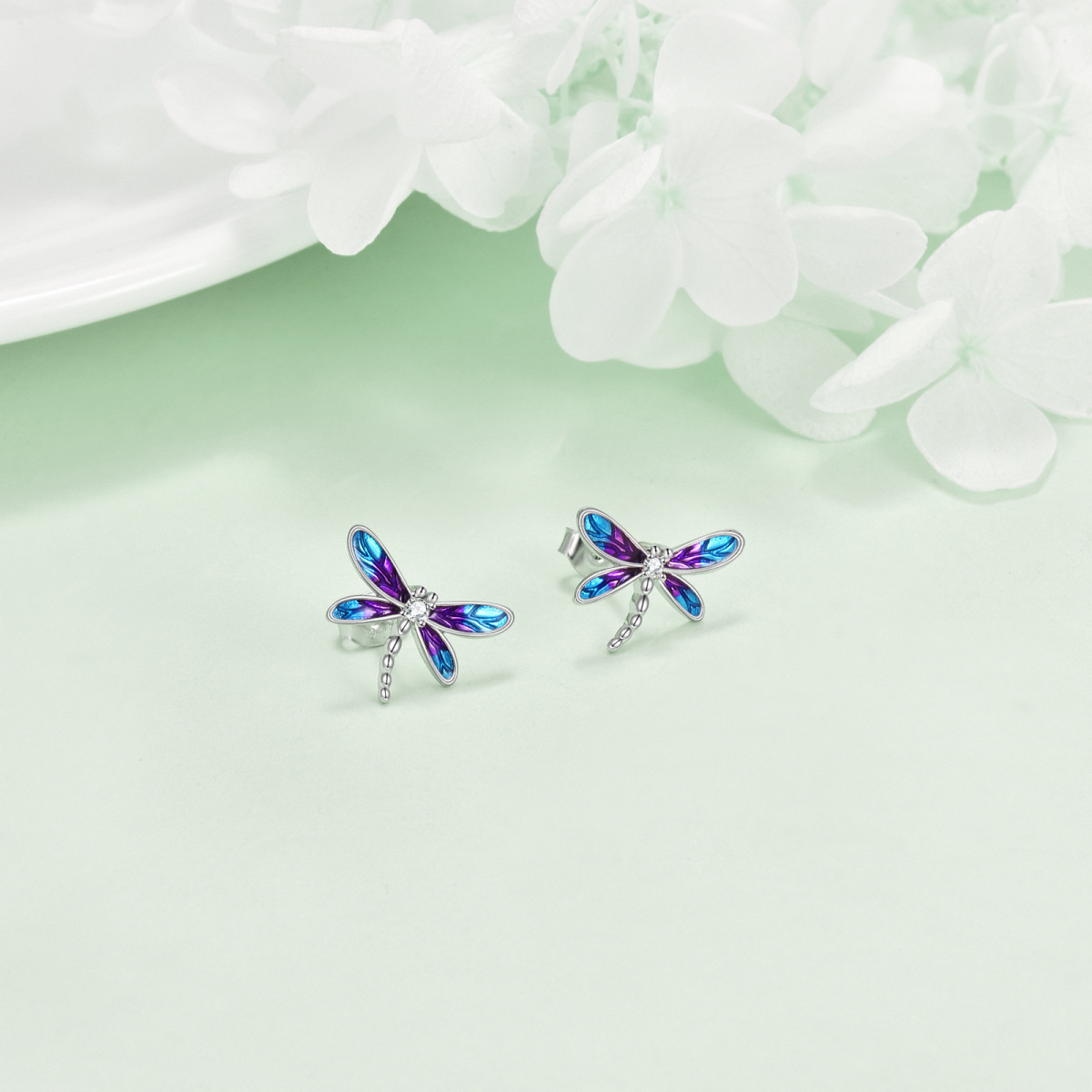 Sterling Silver Circular Cubic Zirconia Dragonfly Stud Earrings-4