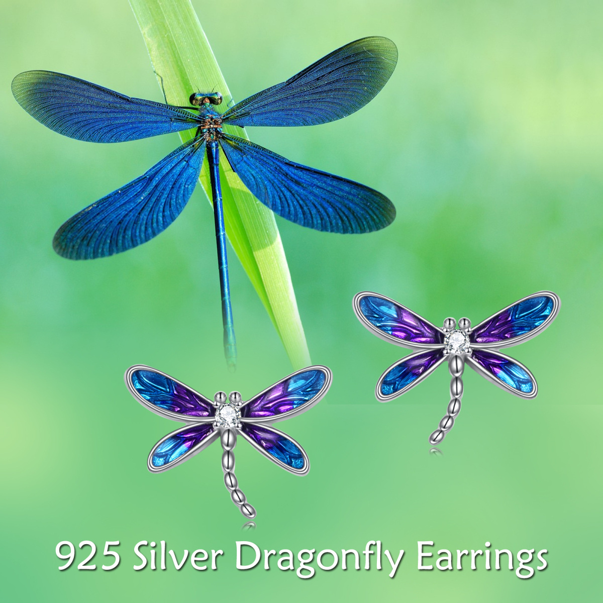 Sterling Silver Circular Cubic Zirconia Dragonfly Stud Earrings-6