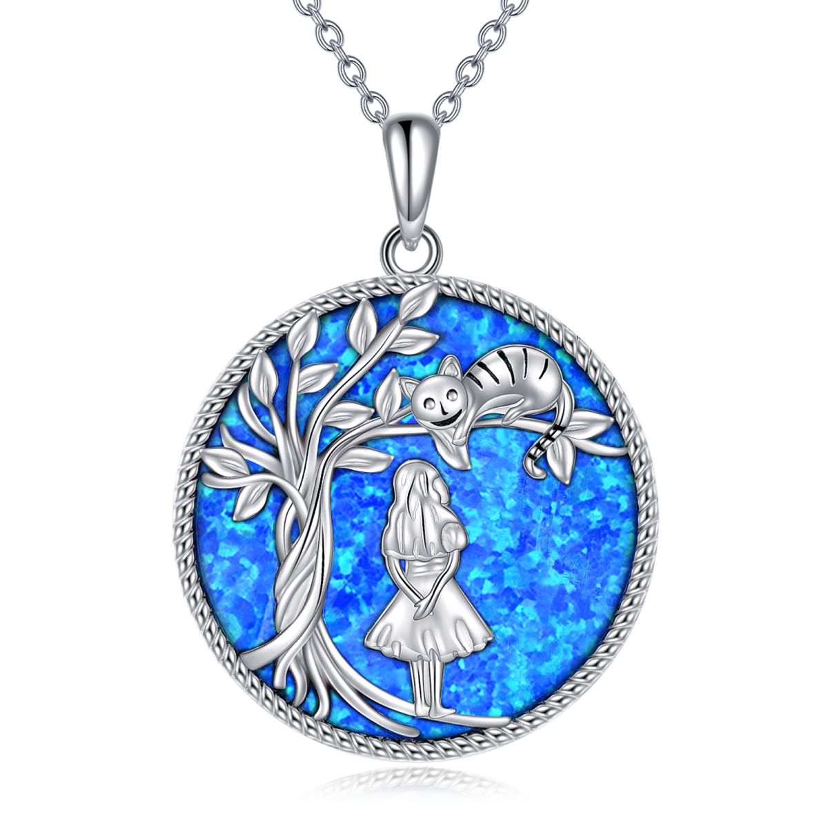 Sterling Silver Circular Opal Cat & Girl Tree Of Life Necklace for Women-1