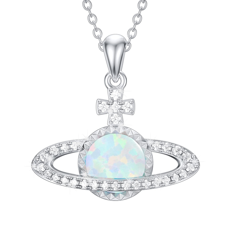 Sterling Silver Circular Opal Cross & Planet Necklace for Women-1