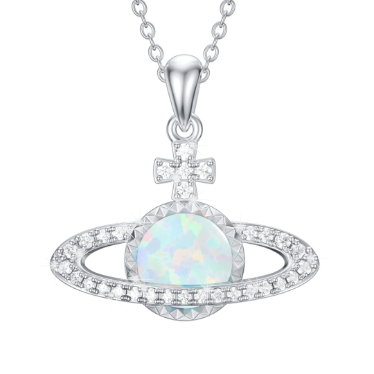 Sterling Silver Circular Opal Cross & Planet Necklace for Women