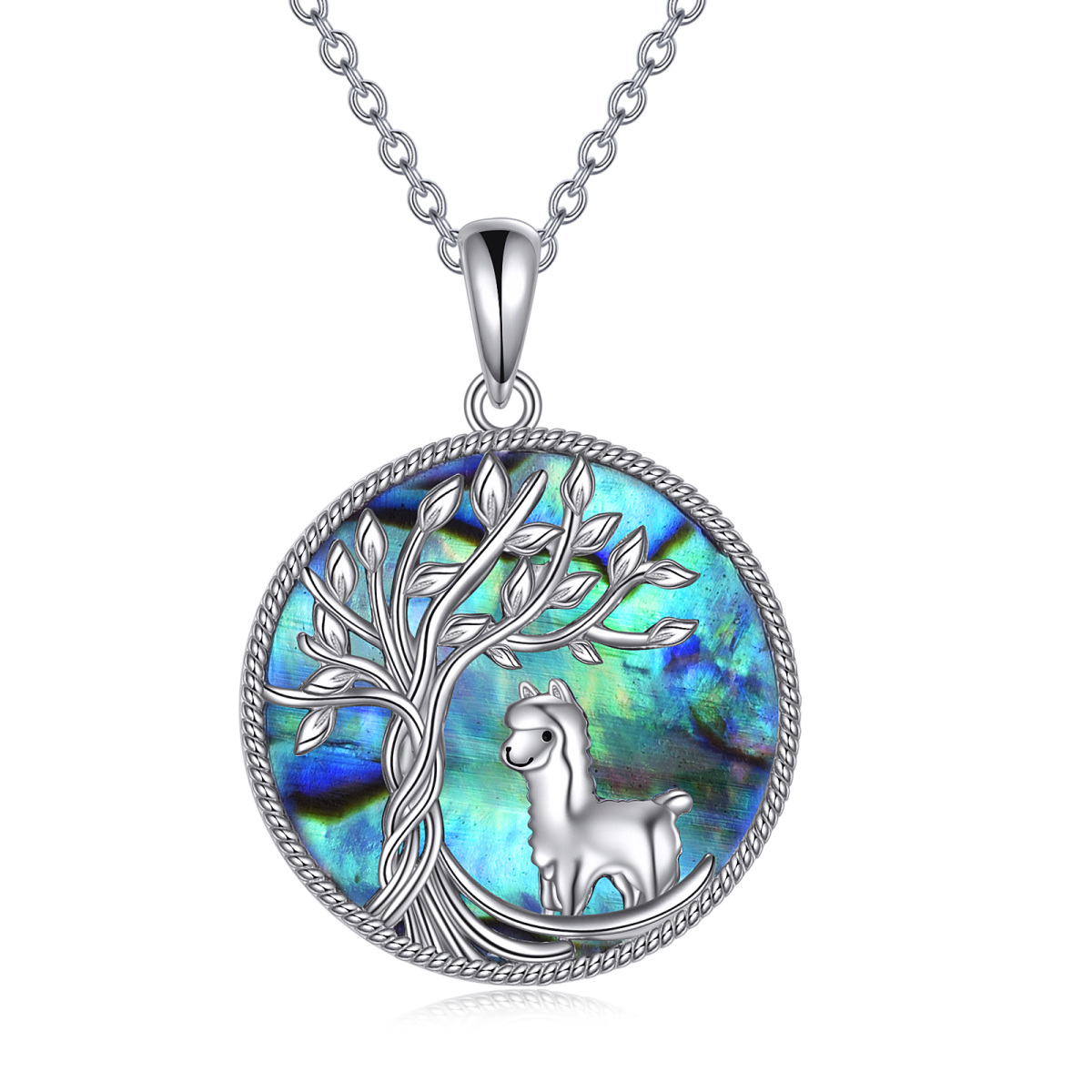 Sterling Silver Circular Shaped Abalone Shellfish Alpaca & Tree Of Life Pendant Necklace-1