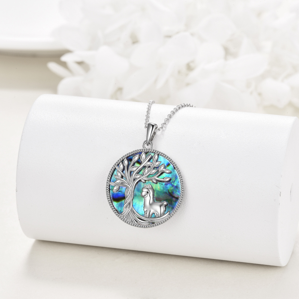 Sterling Silver Circular Shaped Abalone Shellfish Alpaca & Tree Of Life Pendant Necklace-3