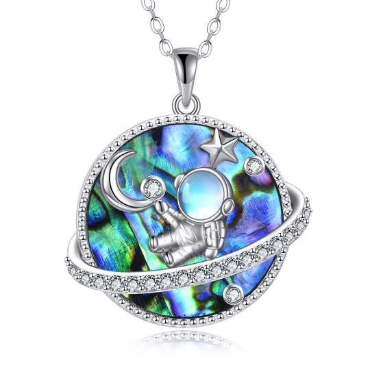 Sterling Silver Circular Abalone Shellfish With Zircon Astronaut & Planet Pendant Necklace For Women