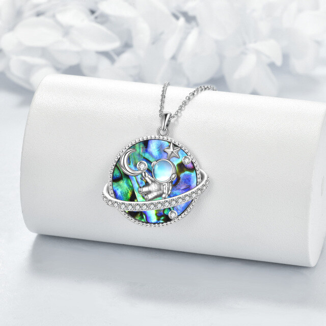 Sterling Silver Circular Shaped Abalone Shellfish Astronaut & Moon & Planet & Star Pendant Necklace-3