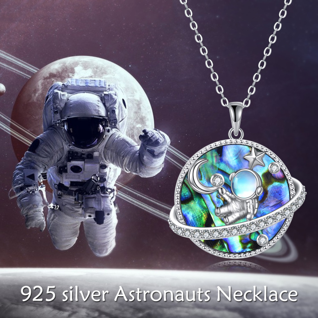 Sterling zilveren cirkelvormige schelpdieren astronaut & maan & planeet & ster hanger ketting-6