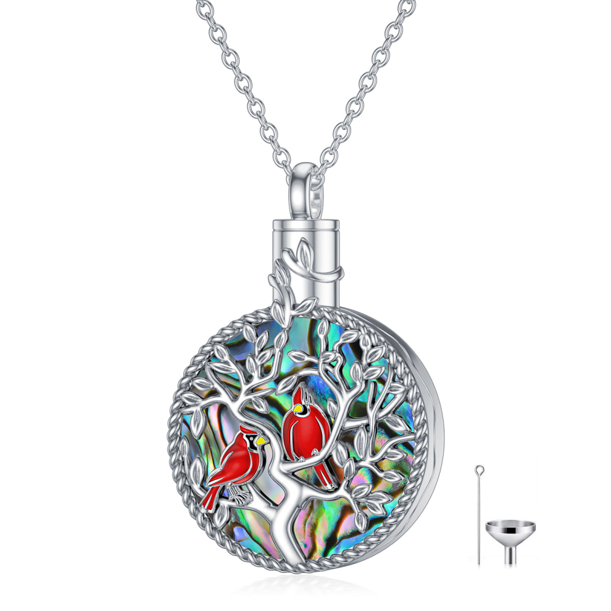 Sterling Silver Circular Shaped Abalone Shellfish Cardinal & Heart Urn Necklace for Ashes-1