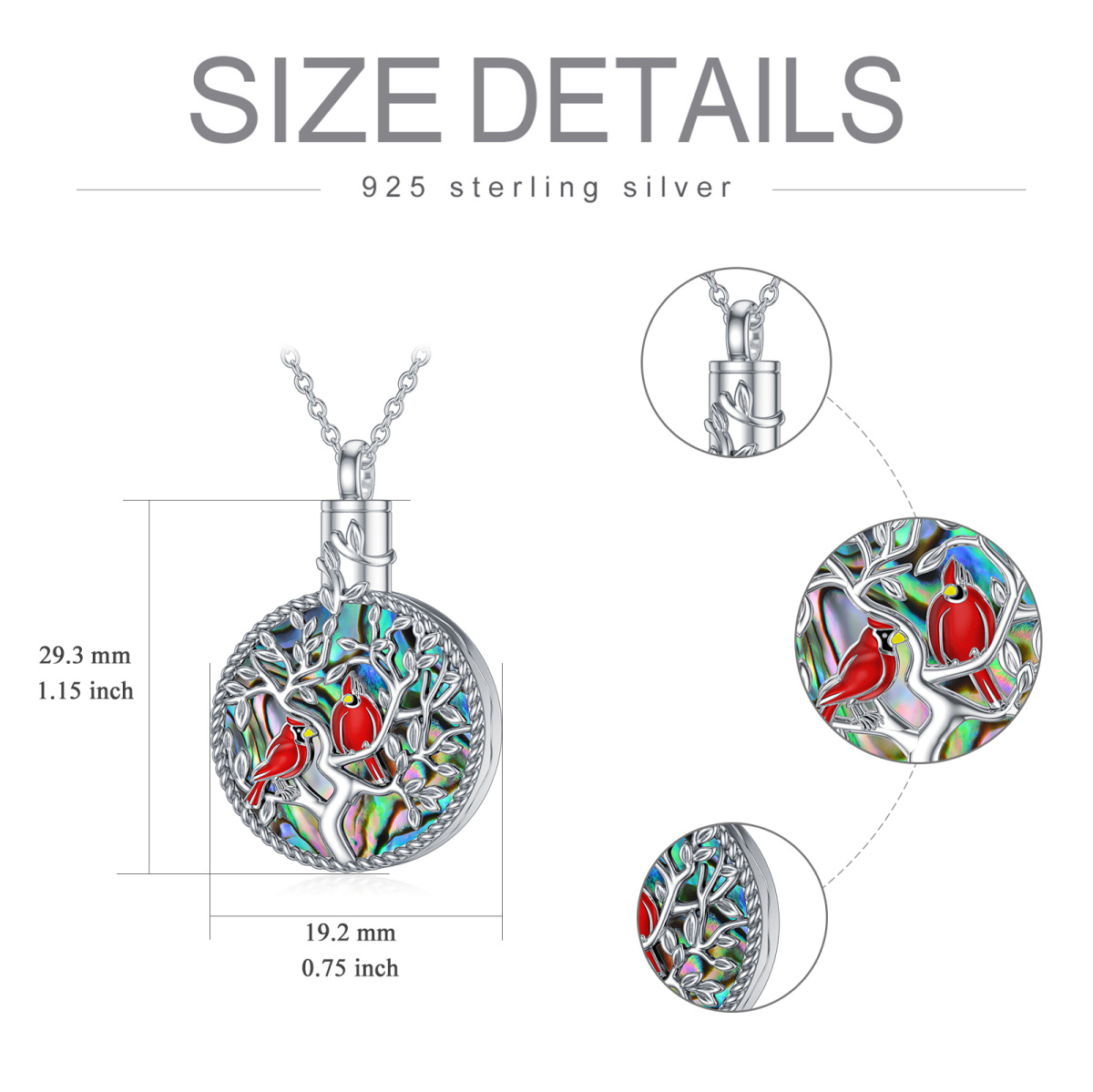 Collana con urna a forma di circolare in argento sterling con conchiglia Abalone, cardinale e cuore per le ceneri-4