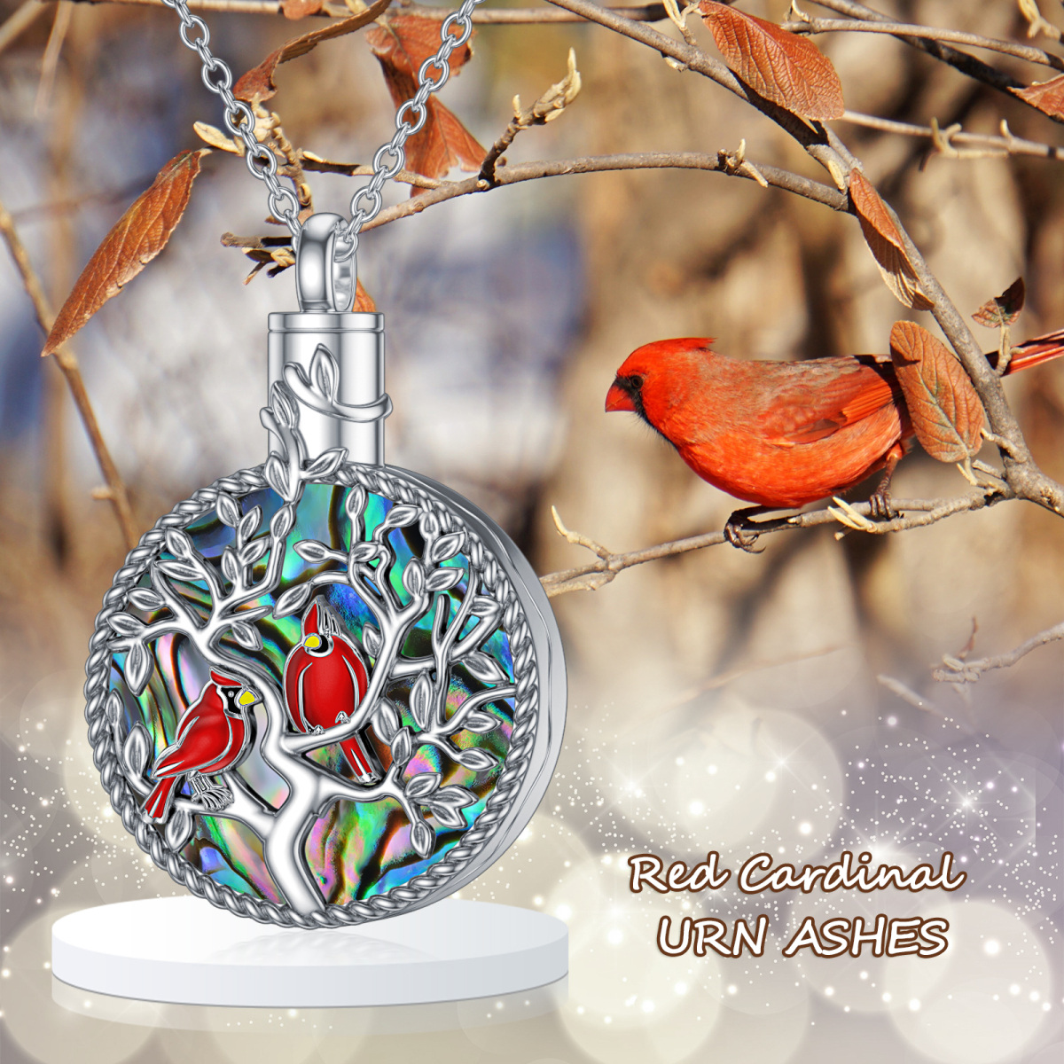 Collana con urna a forma di circolare in argento sterling con conchiglia Abalone, cardinale e cuore per le ceneri-5