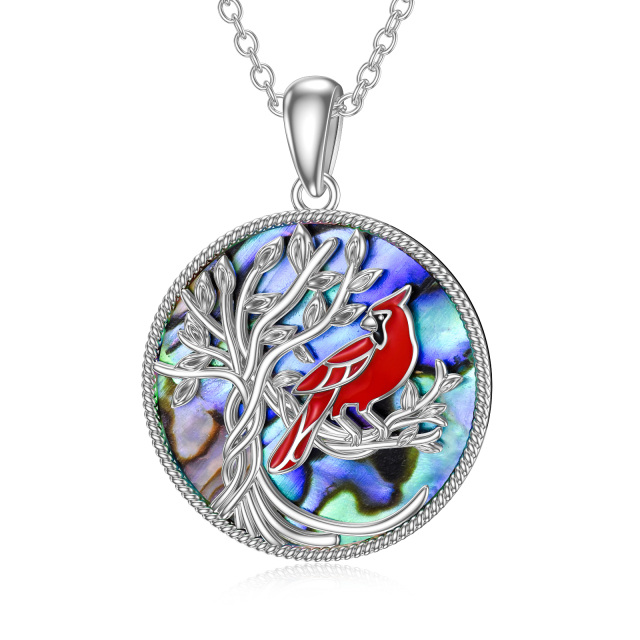 Sterling Silver Circular Shaped Abalone Shellfish Cardinal & Tree Of Life Pendant Necklace-1