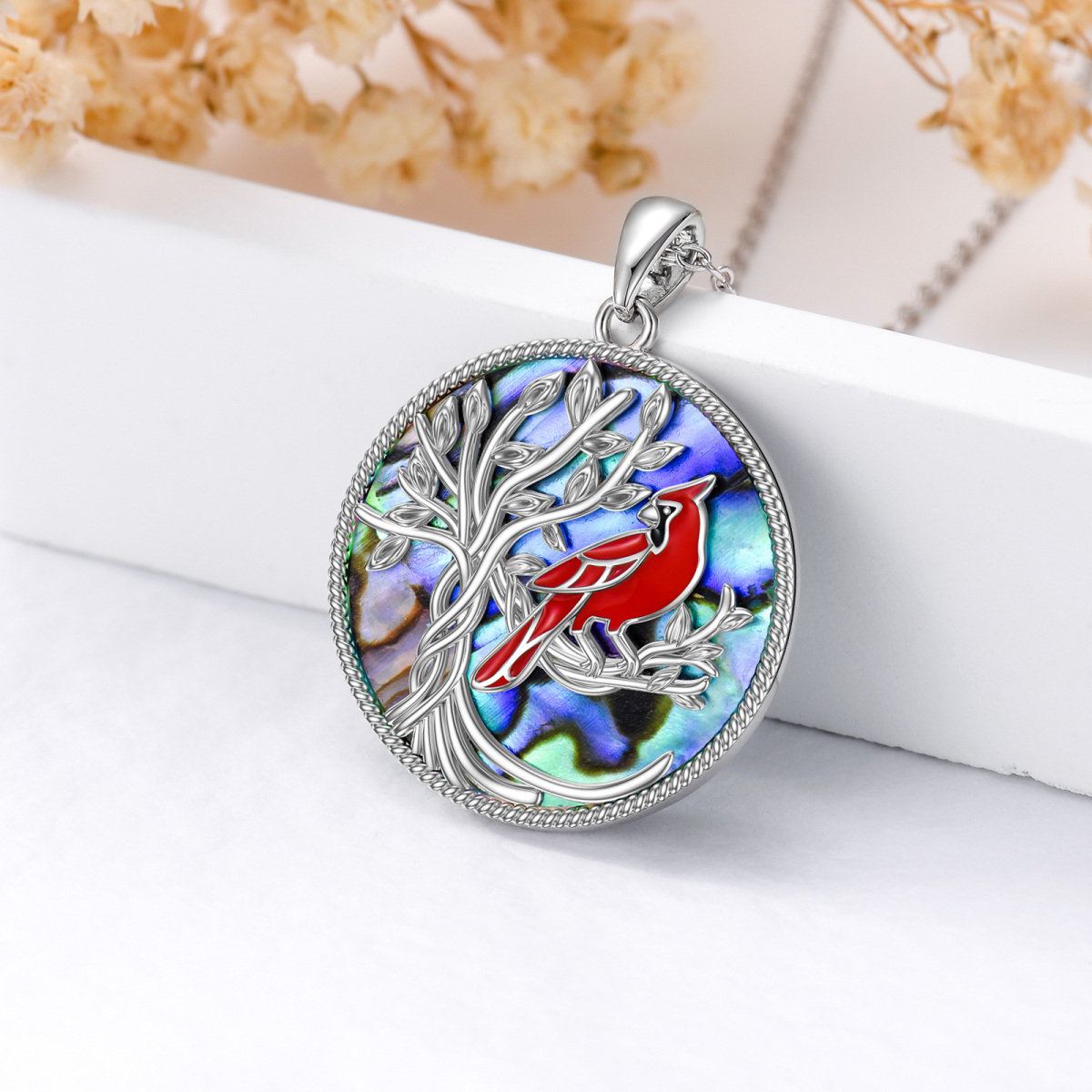 Sterling Silver Circular Shaped Abalone Shellfish Cardinal & Tree Of Life Pendant Necklace-3