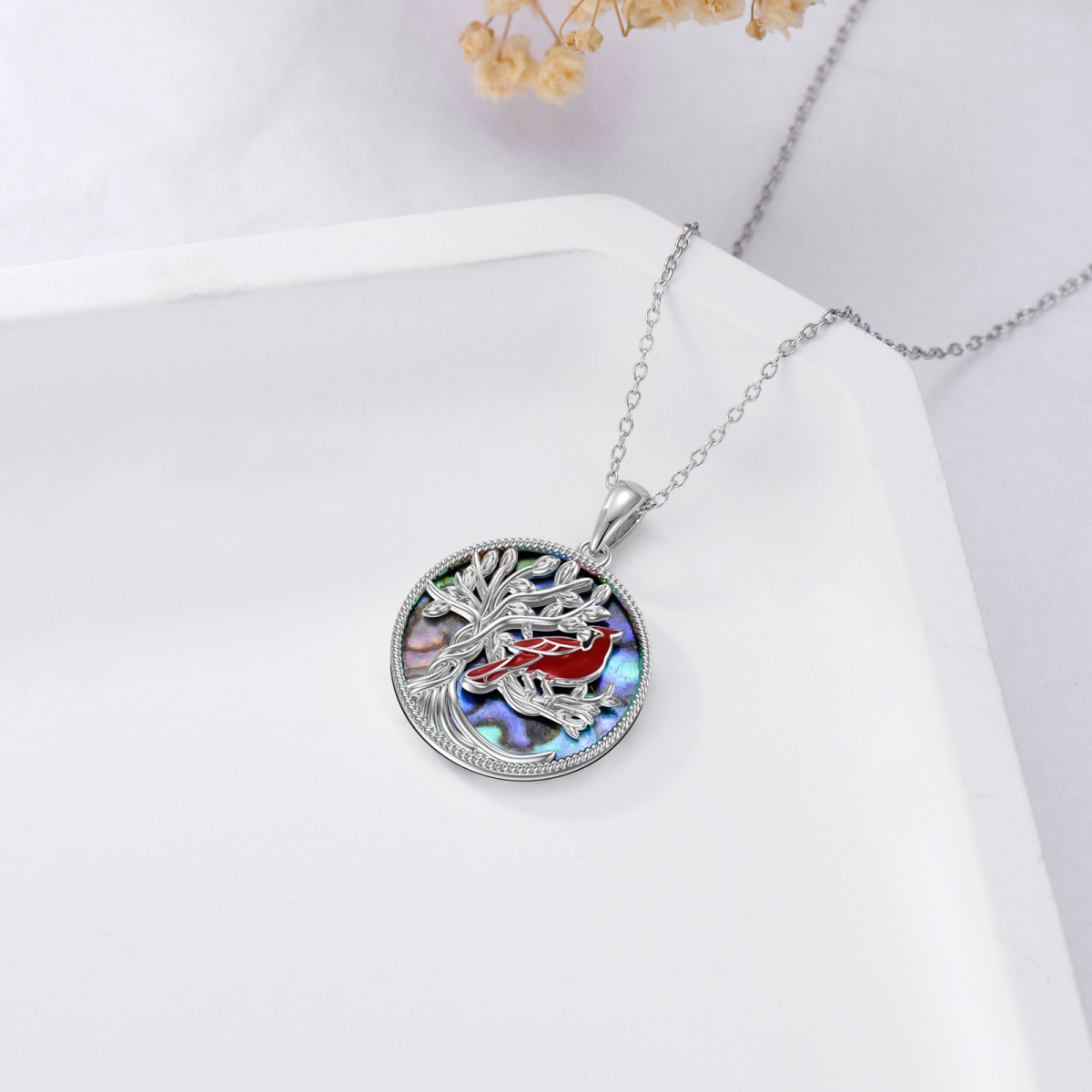 Sterling Silver Circular Shaped Abalone Shellfish Cardinal & Tree Of Life Pendant Necklace-4