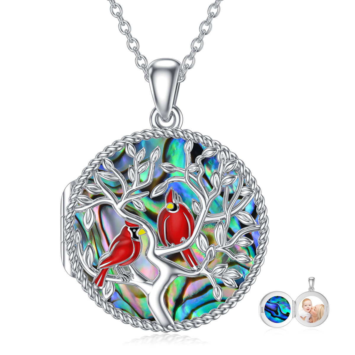 Sterling Silver Circular Shaped Abalone Shellfish Cardinal & Tree Of Life Urn Necklace for Ashes with Engraved Word-1