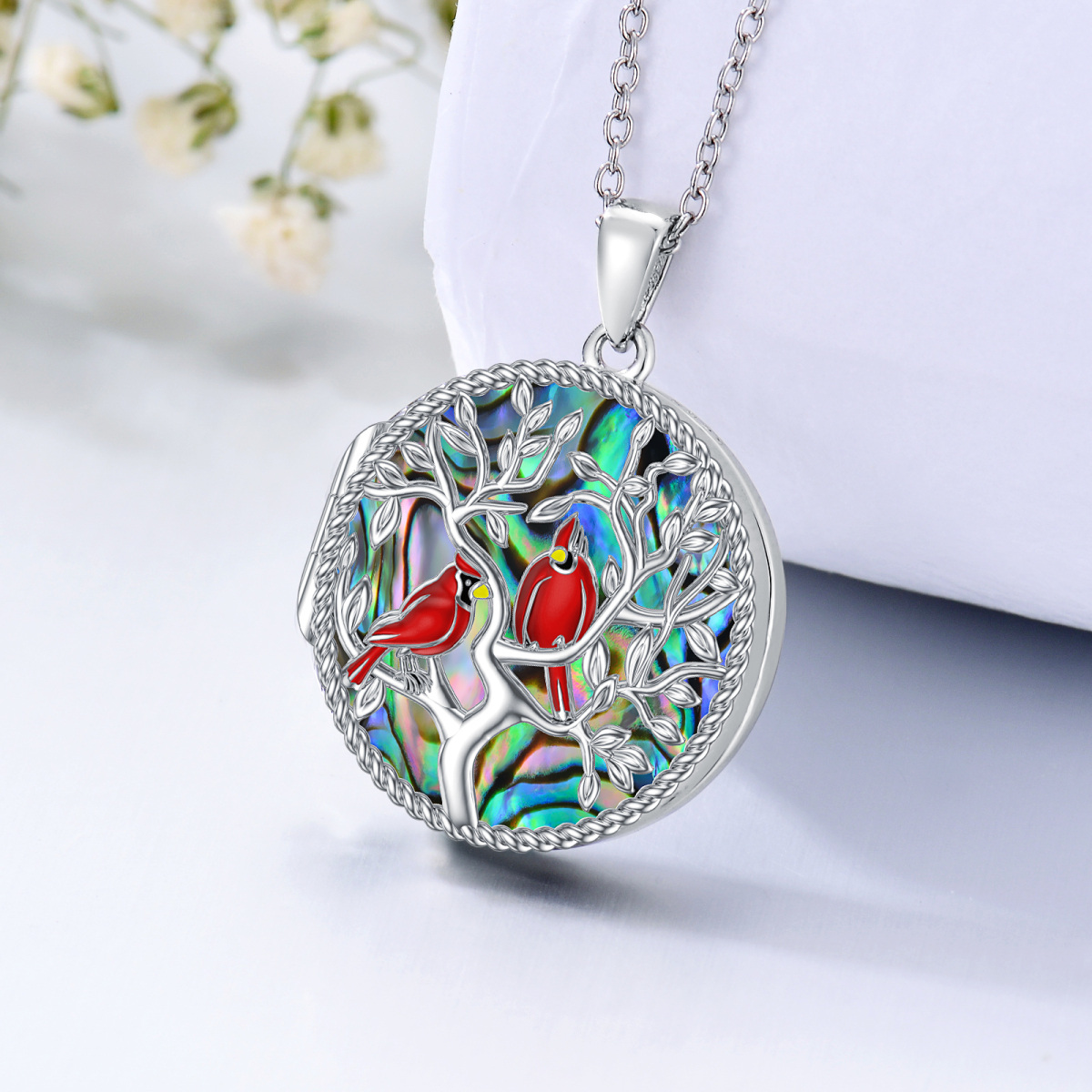 Sterling Silver Circular Shaped Abalone Shellfish Cardinal & Tree Of Life Urn Necklace for Ashes with Engraved Word-3