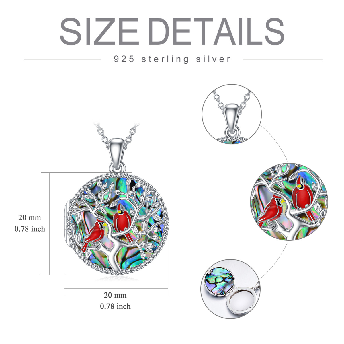 Sterling Silver Circular Shaped Abalone Shellfish Cardinal & Tree Of Life Urn Necklace for Ashes with Engraved Word-6