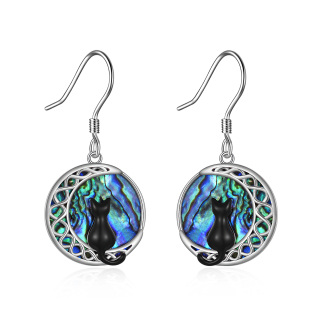 Sterling Silver Circular Shaped Abalone Shellfish Cat & Moon Drop Earrings-4