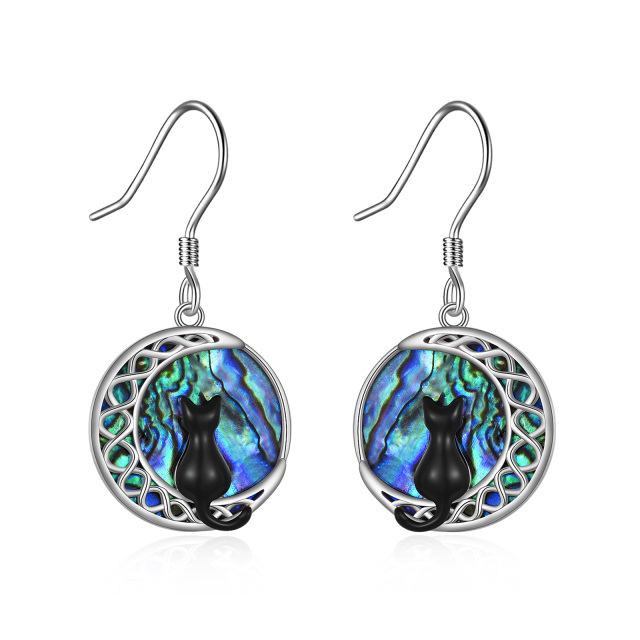 Sterling Silver Circular Shaped Abalone Shellfish Cat & Moon Drop Earrings-3