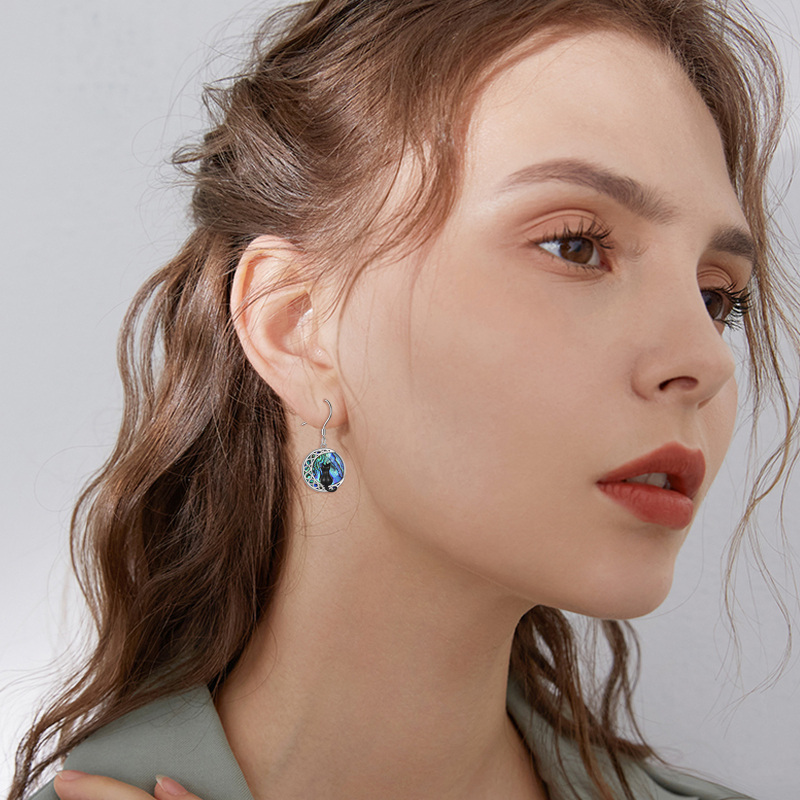 Orecchini a goccia in argento 925 a forma di cerchio con conchiglia Abalone, gatto e luna-2