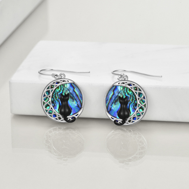 Sterling Silver Circular Shaped Abalone Shellfish Cat & Moon Drop Earrings-3