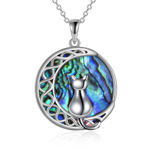 Sterling Silver Circular Shaped Abalone Shellfish Cat & Moon Pendant Necklace-2