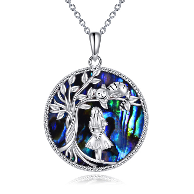 Collier en argent sterling avec pendentif abalone en forme de cercle, chat et arbre de vie-1