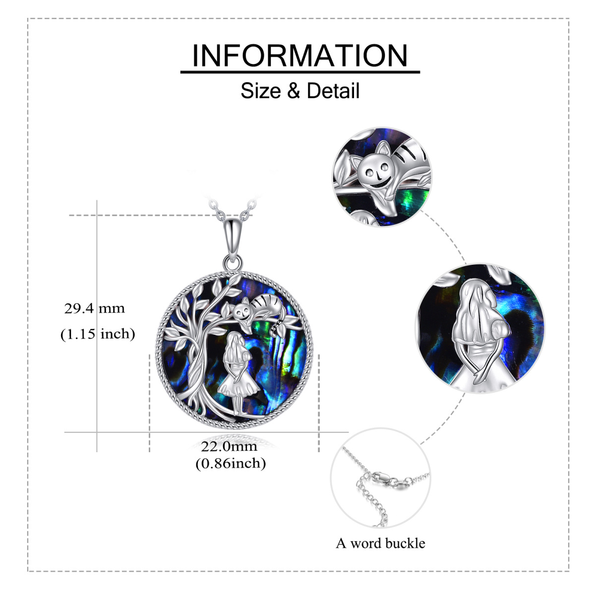 Sterling Silver Circular Shaped Abalone Shellfish Cat & Tree Of Life Pendant Necklace-5