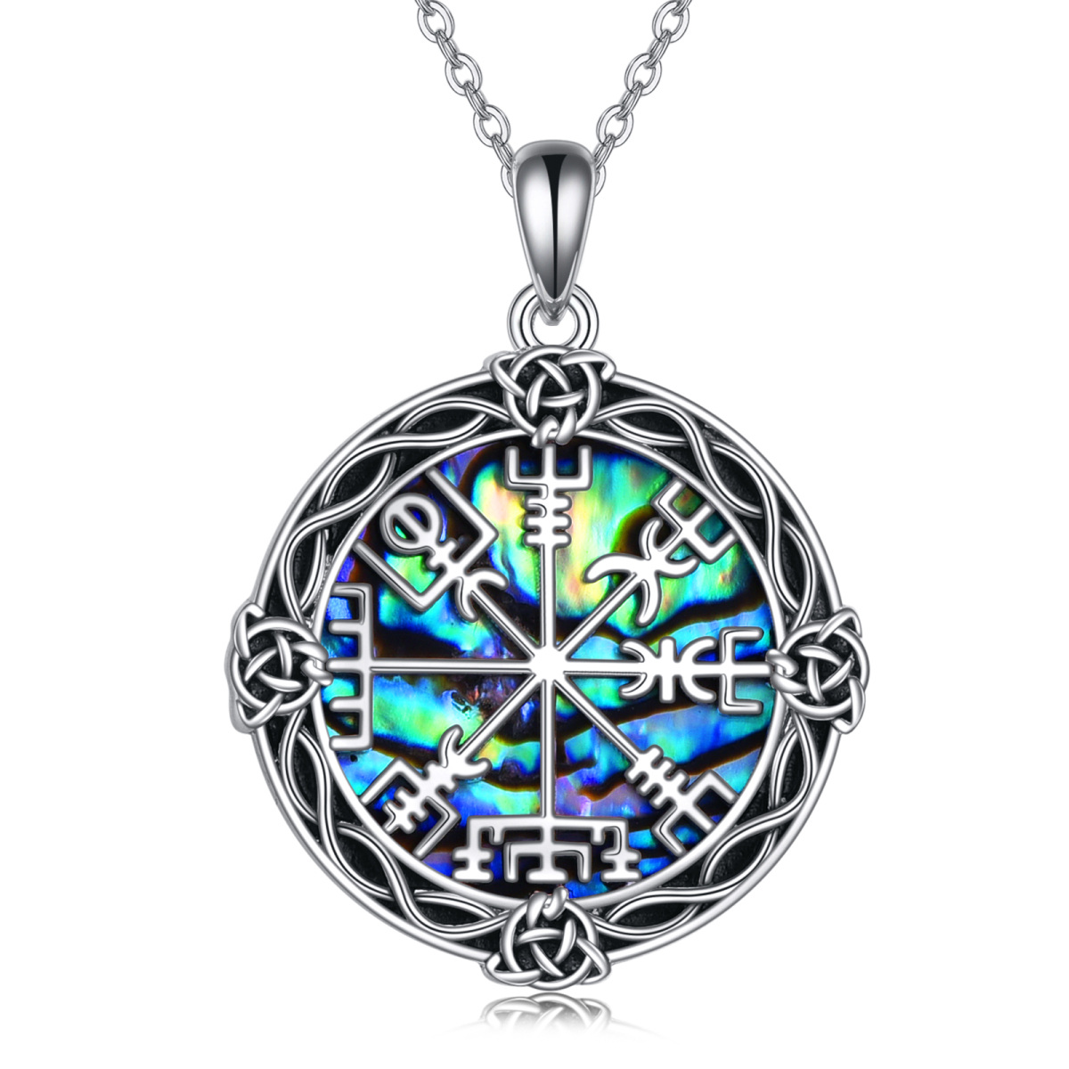 Sterling Silver Circular Shaped Abalone Shellfish Celtic Knot & Compass Pendant Necklace-2